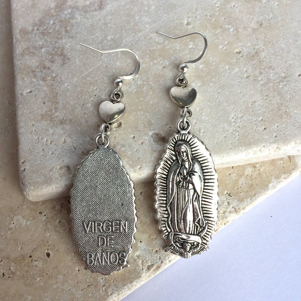 Silver Virgin Mary Heart Earrings - Picture 4 of 7